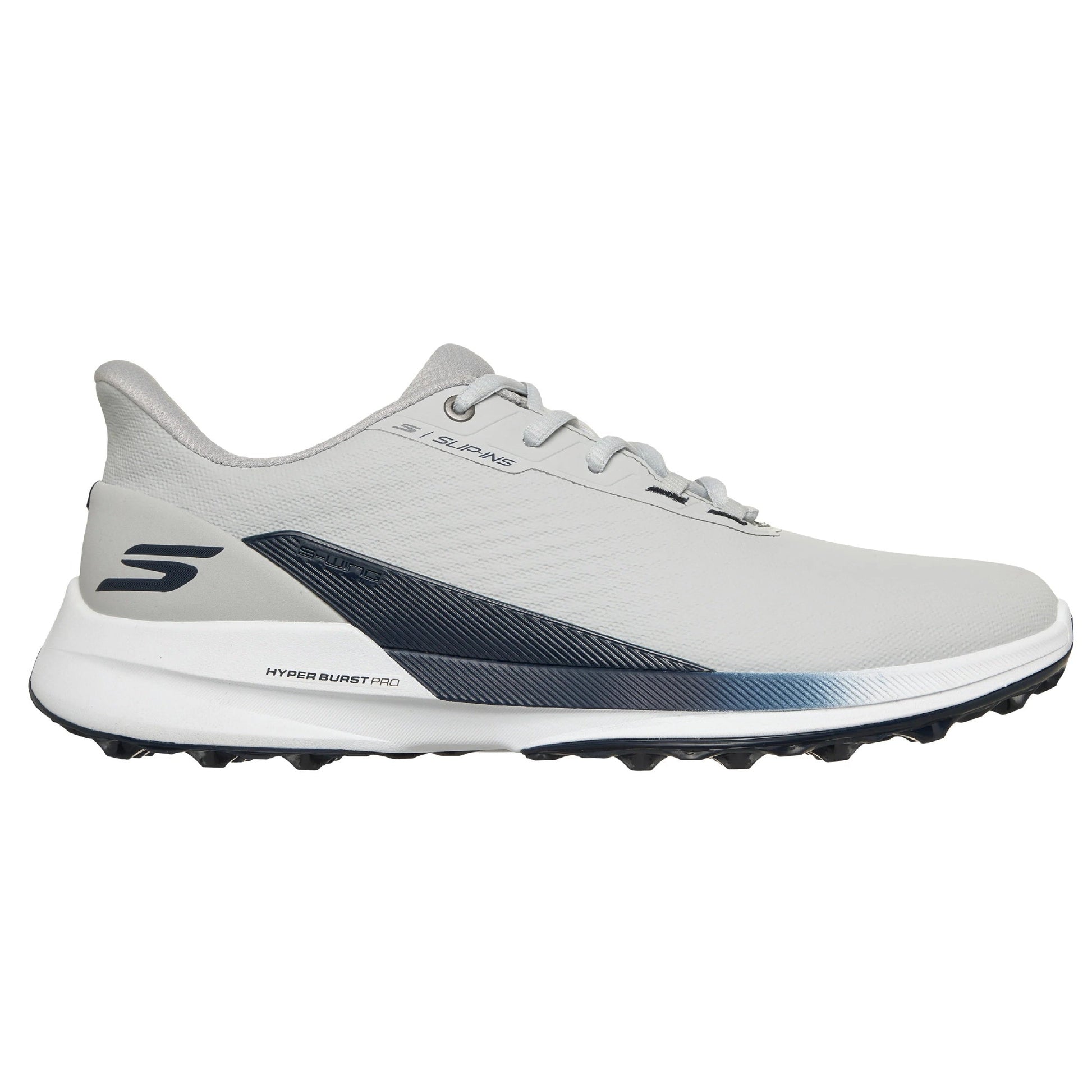 White golf shoe with black and blue accents on a white background