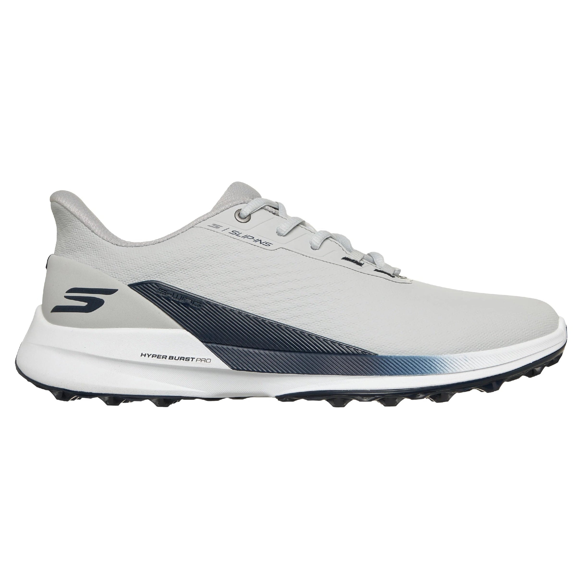 White golf shoe with black and blue accents on a white background