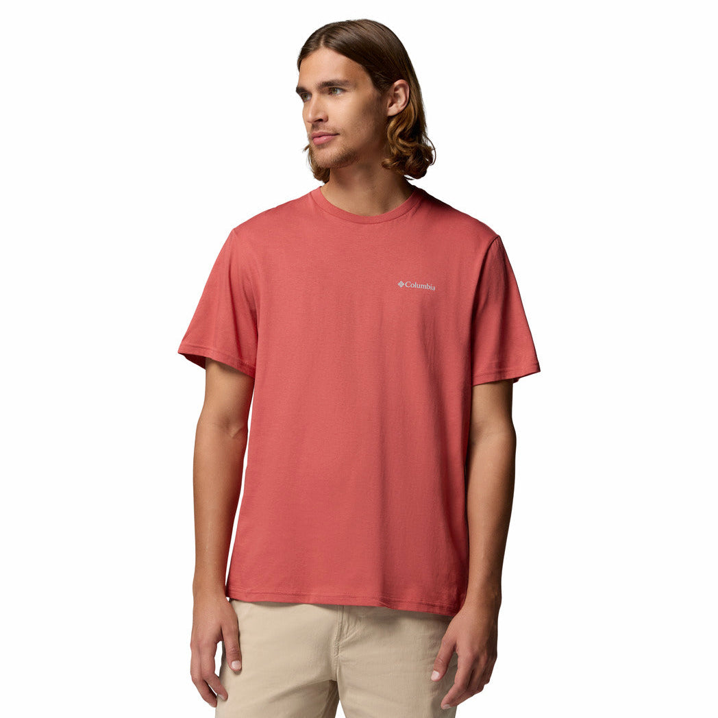 Man wearing a red t-shirt with a brand logo on a white background