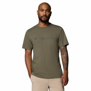 Man wearing a green Columbia t-shirt on a white background
