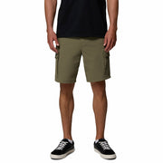 Person wearing olive green cargo shorts on a white background