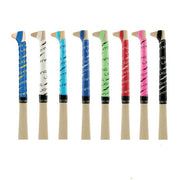 Set of colorful wooden sticks with patterned ends on a white background