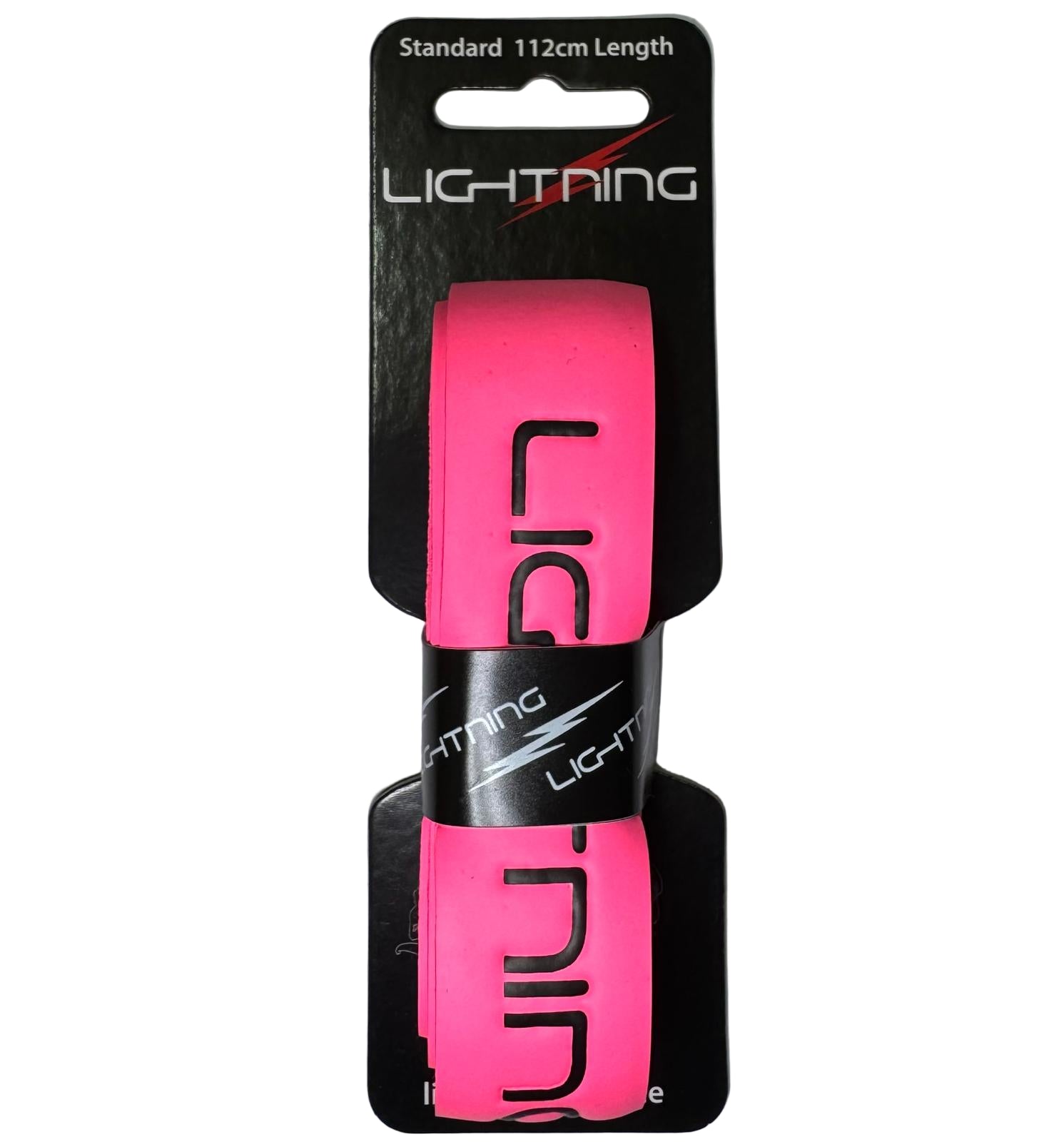 Pink tennis racket grip with 'Lightning' branding on a gray background
