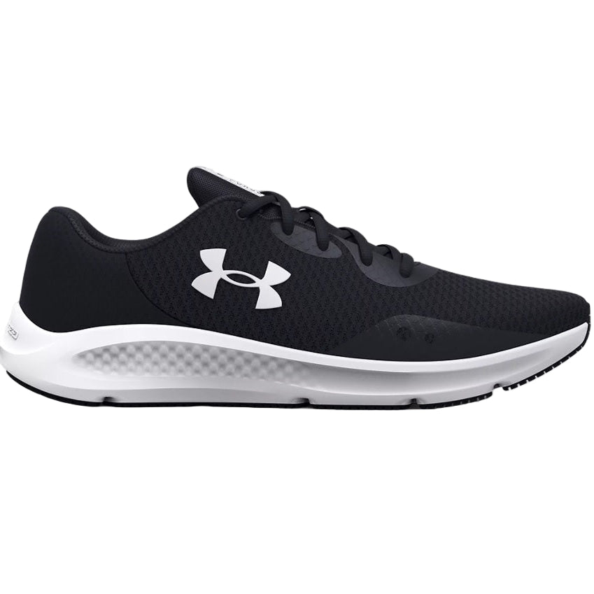 Black running shoe with white sole on a light gray background
