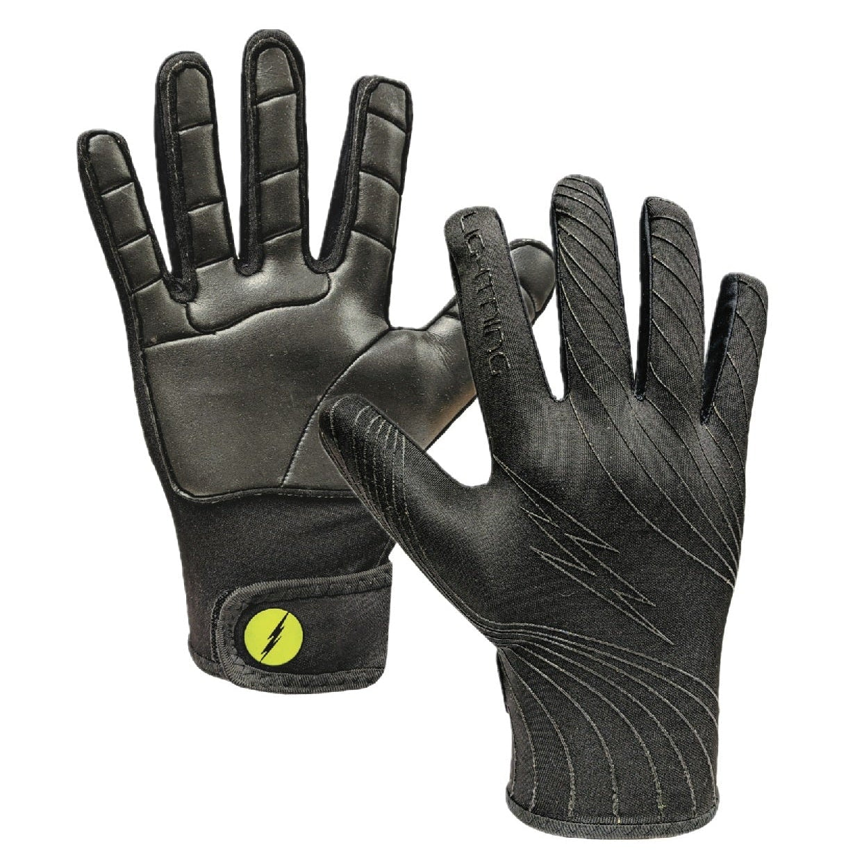 Black gloves with a green button on a white background