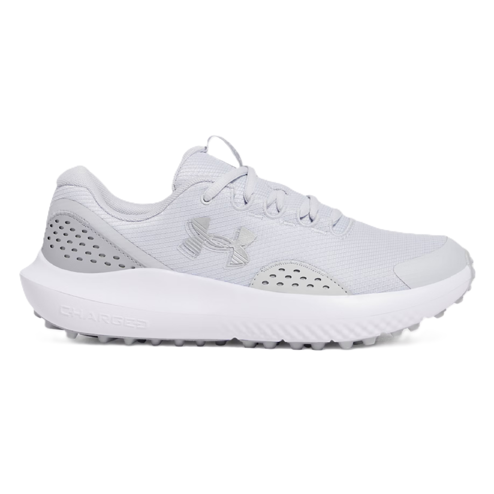 Light gray athletic shoe with brand logo on a white background