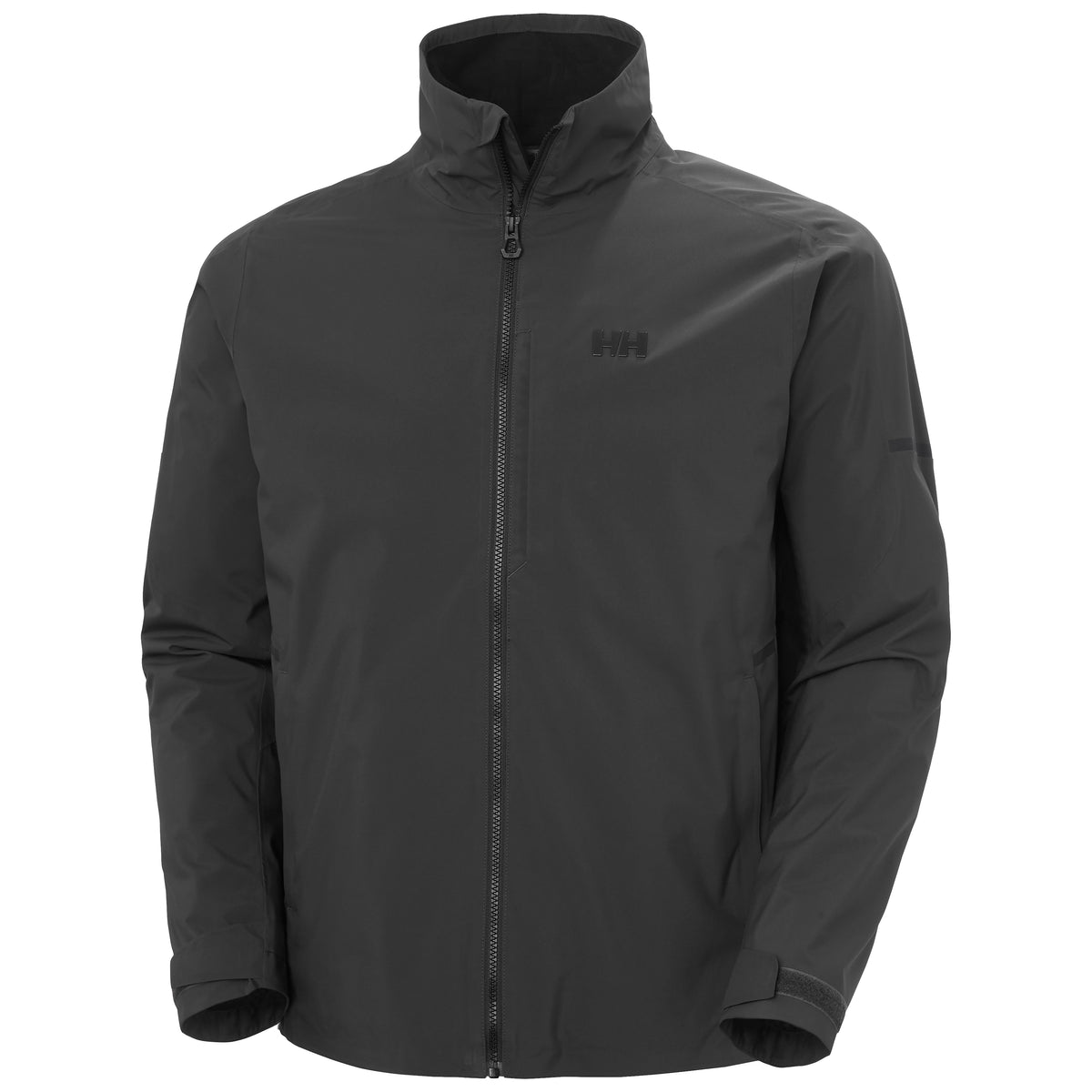 A dark gray full-zip jacket with a stand-up collar and a tonal logo on the left chest, displayed on a clean white background.