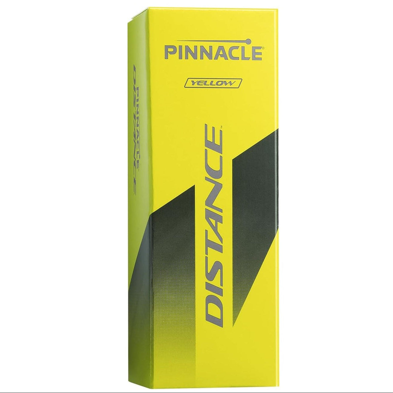 Yellow and black box of Pinnacle Distance golf balls on a white background