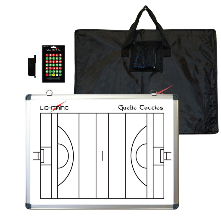 Coaching board with Lightning Gaelic Tactics branding, remote control, and carrying case on a white background