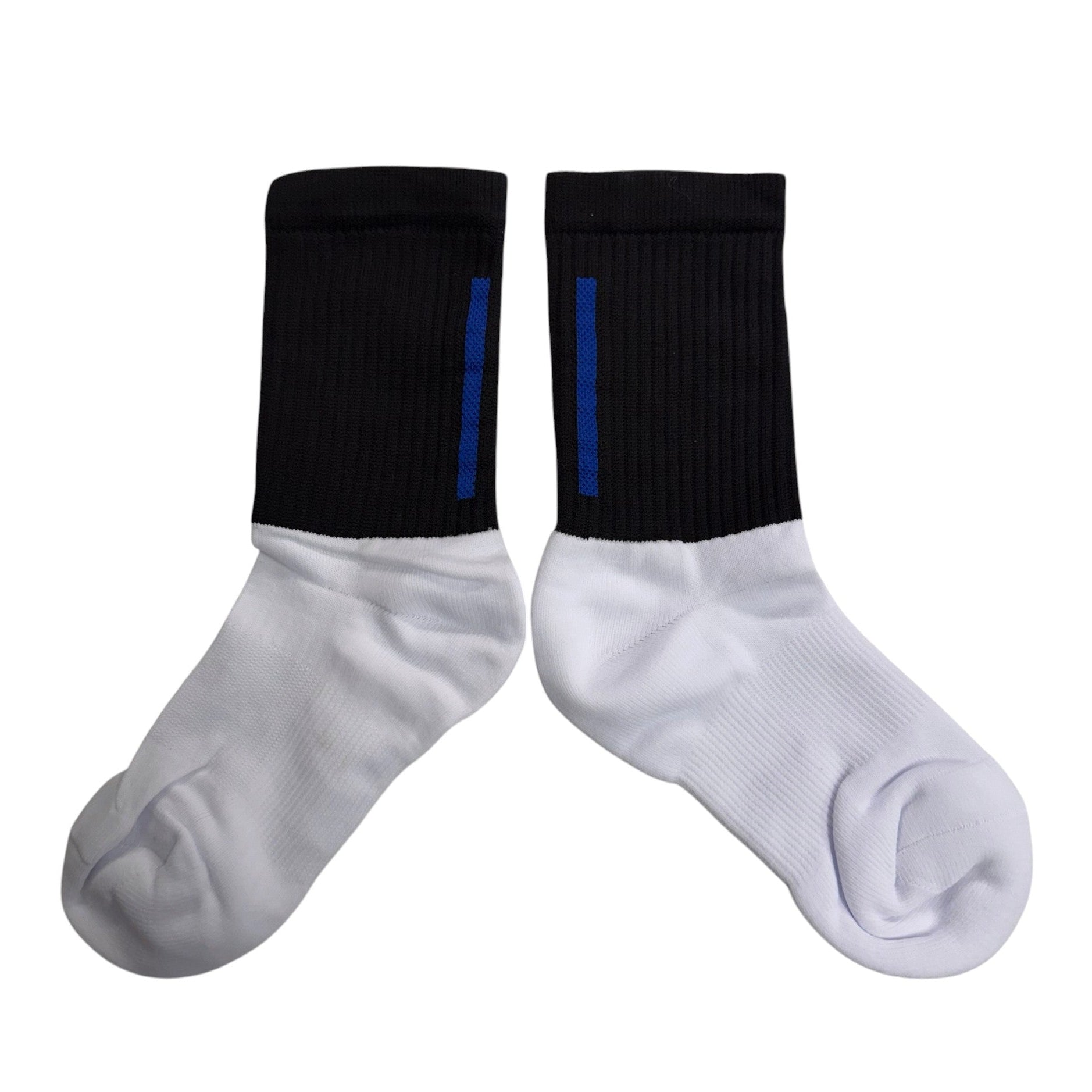 Pair of black and white socks with blue stripes on a white background