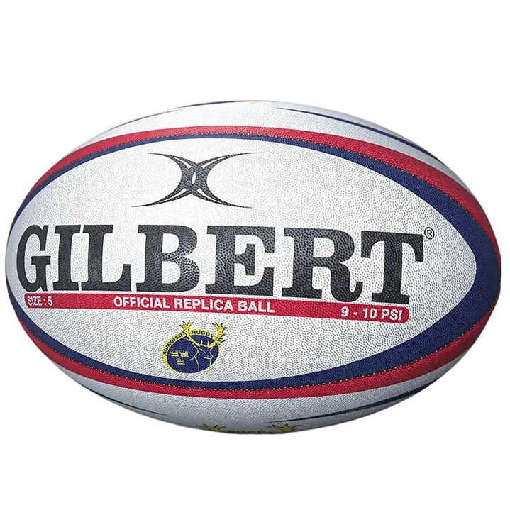 A Gilbert rugby ball with a white textured surface, featuring navy blue and red stripes, the black Gilbert brand name, and a small gold and blue club crest, photographed on a clean white background.