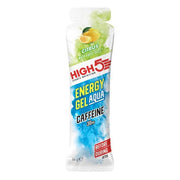 A single High5 Energy Gel Aqua Caffeine 20m stick pack, citrus-flavored, shown on a plain white background.