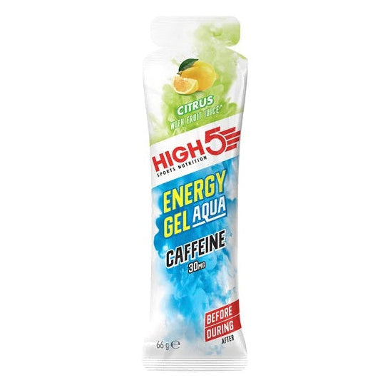 A single High5 Energy Gel Aqua Caffeine 20m stick pack, citrus-flavored, shown on a plain white background.