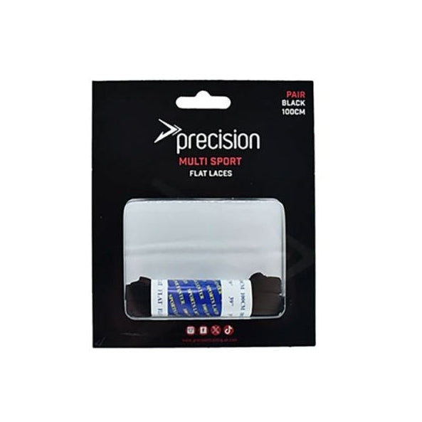 Precision brand Multi Sport flat laces in black, 100m length, packaged in a black retail card with a clear window showing the spool of laces.