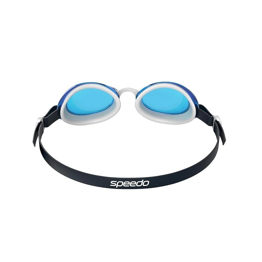 Speedo swim goggles with blue mirrored lenses and a black adjustable strap, shown against a plain white background.