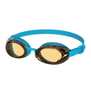 Swimming goggles with blue frame and amber lenses on a white background