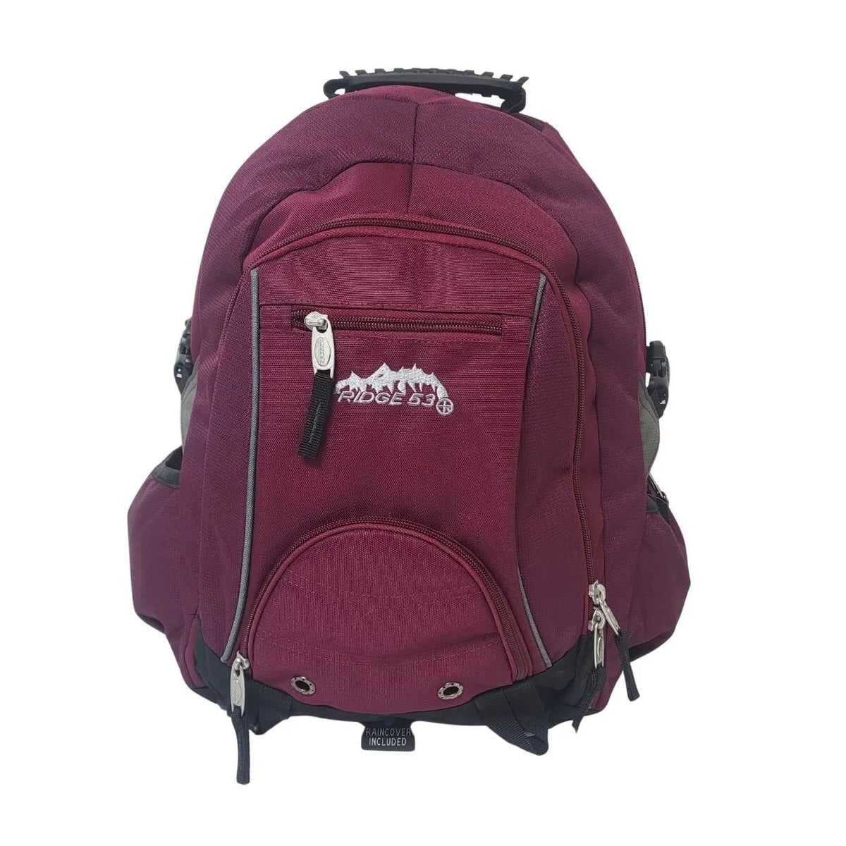 A maroon backpack with a front zippered pocket featuring a white mountain logo that reads 'Adore 24h', set against a plain white background.