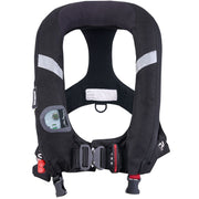 Black life jacket with gray and red accents on a white background