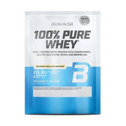 BioTechUSA 100% Pure Whey protein powder in a white and blue pouch, featuring the brand name and a large letter B on the front, set against a plain white background.