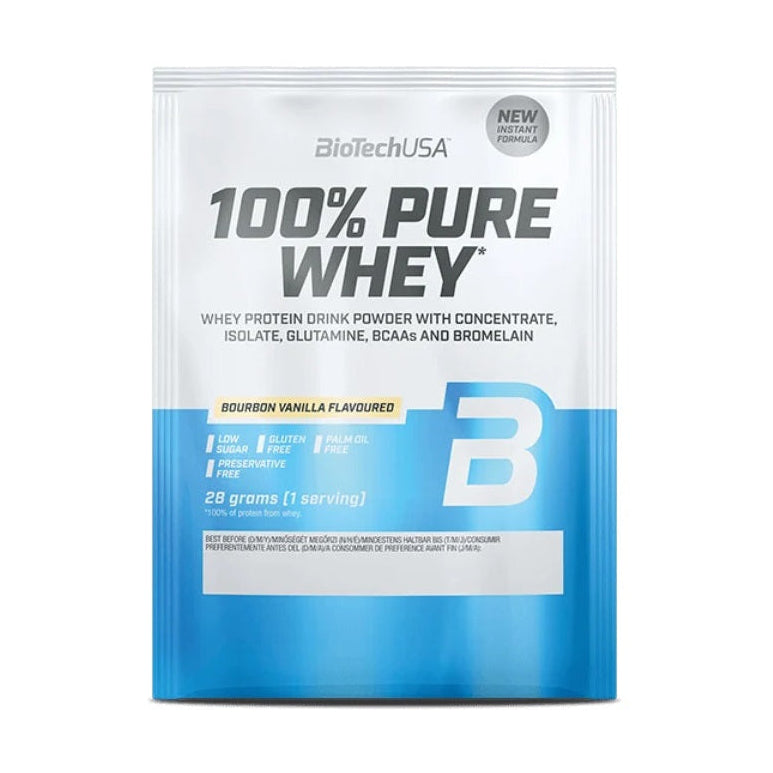 BioTechUSA 100% Pure Whey protein powder in a white and blue pouch, featuring the brand name and a large letter B on the front, set against a plain white background.