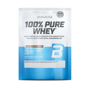 BioTechUSA 100% Pure Whey Chocolate Flavour powder in a 28g sachet package, featuring a white and blue design with a large letter B on the front.
