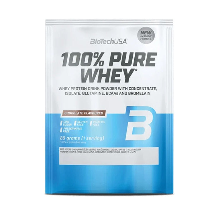 BioTechUSA 100% Pure Whey Chocolate Flavour powder in a 28g sachet package, featuring a white and blue design with a large letter B on the front.