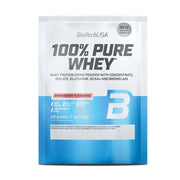 BioTechUSA 100% Pure Whey protein powder in a blue and white resealable pouch, strawberry flavor, on a plain white background.