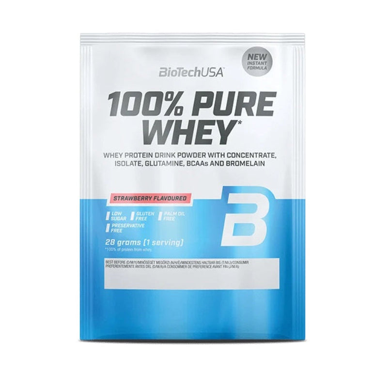 BioTechUSA 100% Pure Whey protein powder in a blue and white resealable pouch, strawberry flavor, on a plain white background.