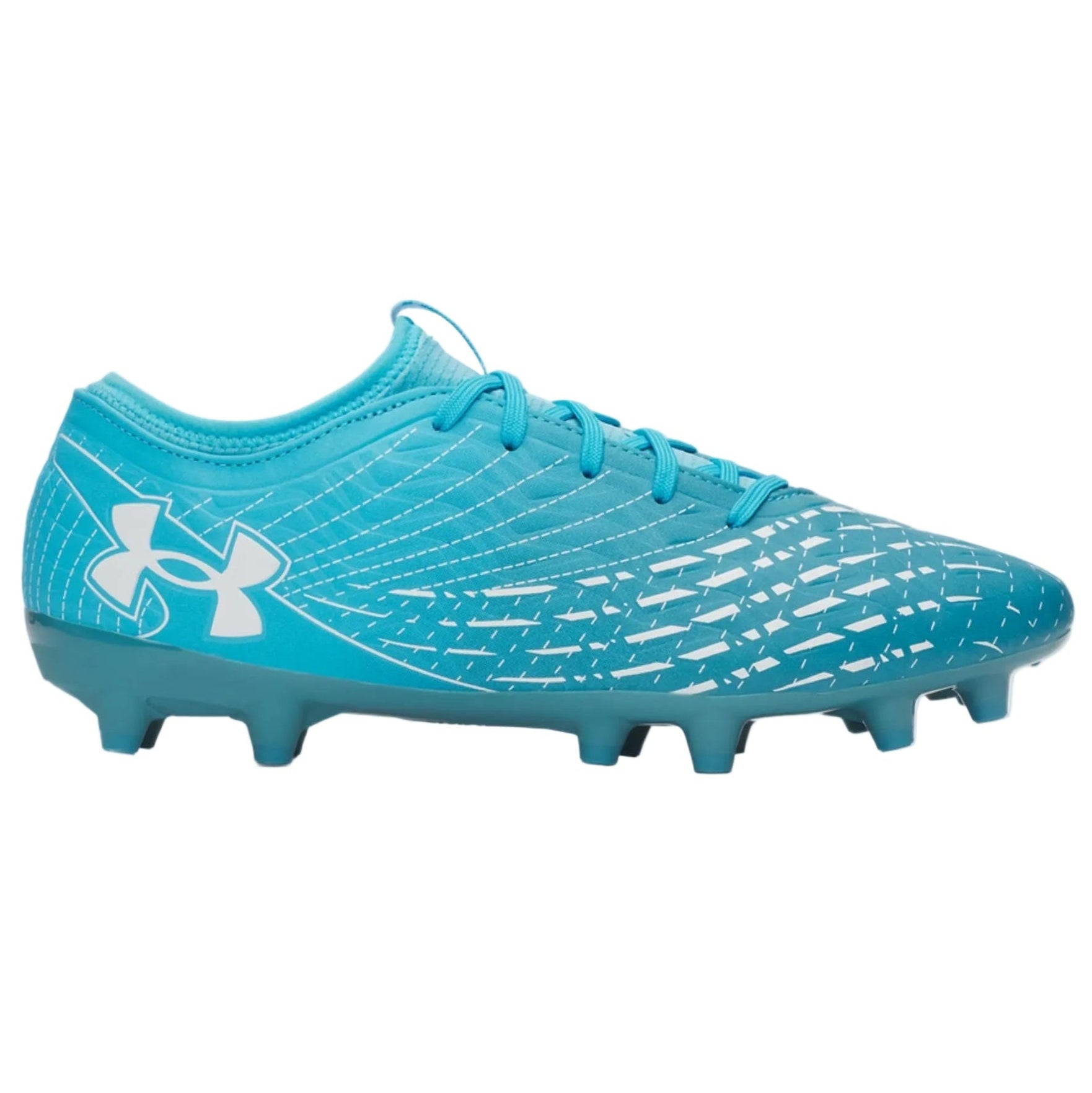 Blue soccer cleat with white patterns on a white background