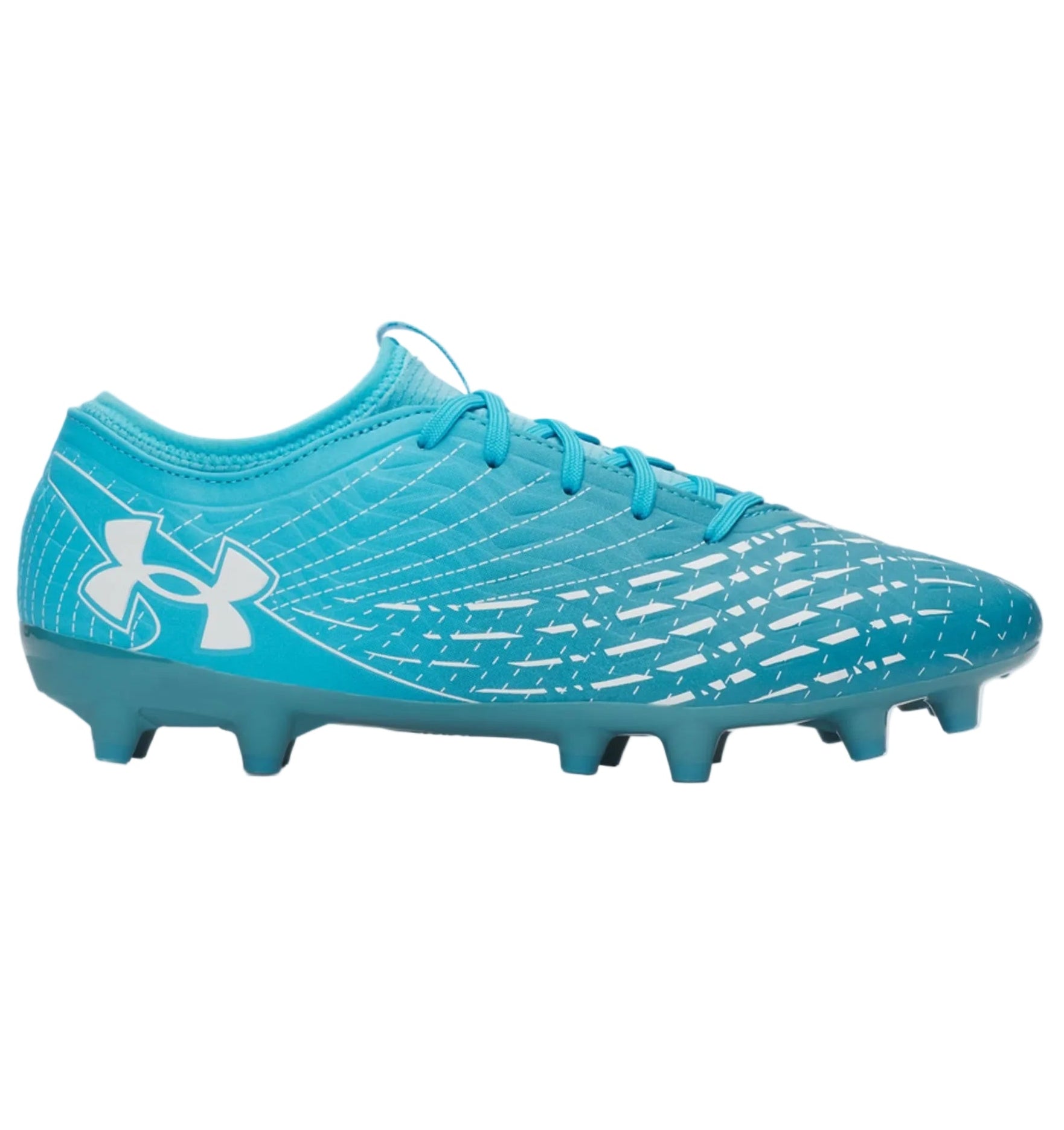 Blue soccer cleat with Under Armour logo on a light gray background