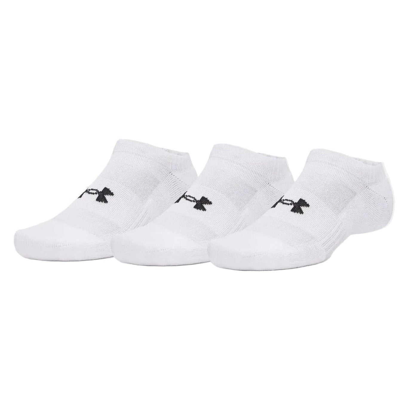 Set of four white socks with a black logo on a white background