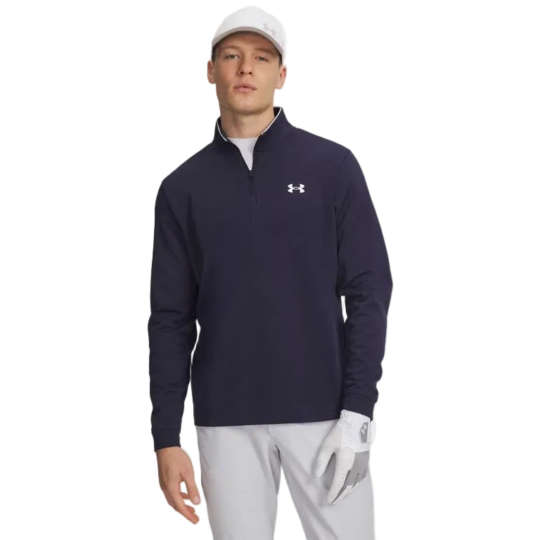 Man wearing a navy Under Armour pullover on a white background