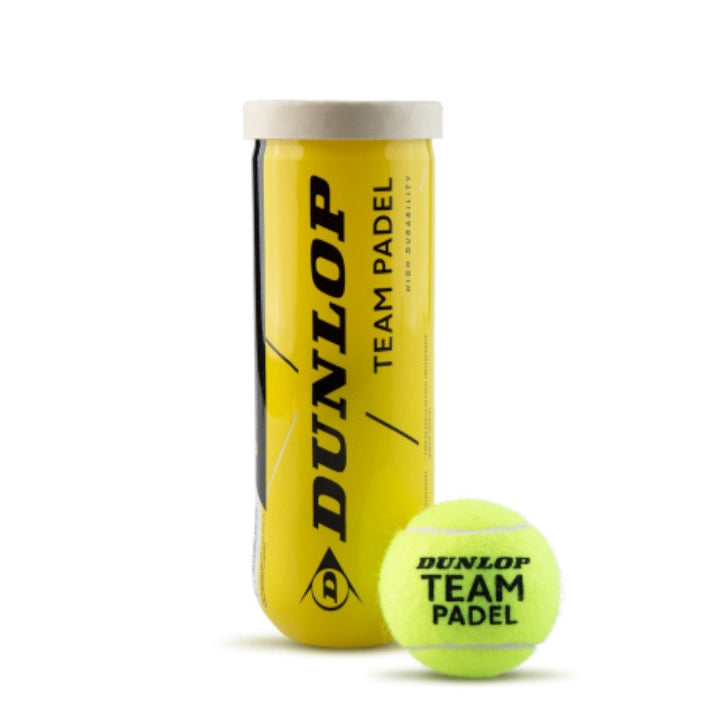 Dunlop Team Padel tennis ball canister and ball on a white background