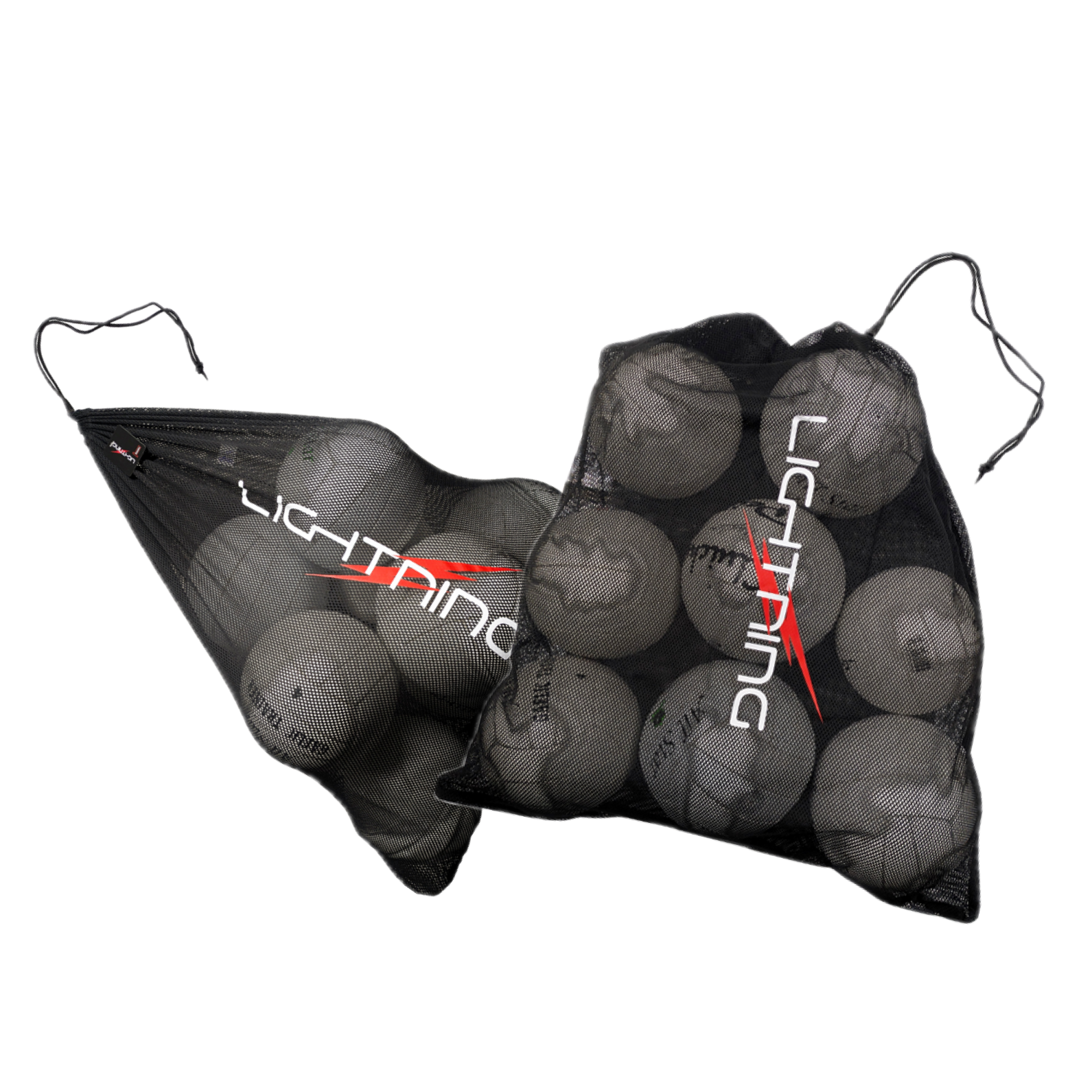 Two black mesh drawstring bags filled with gray volleyballs, shown on a plain white background. The bags have white and red 'LIGHTNING' branding printed on them.
