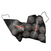 Two black mesh drawstring bags filled with gray volleyballs, shown on a plain white background. The bags have white and red 'LIGHTNING' branding printed on them.