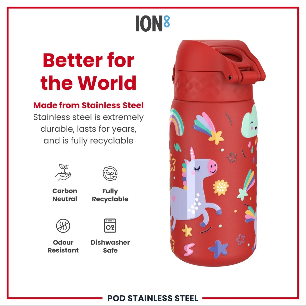 ION8 350ML Pod Unicorns Red Waterbottle