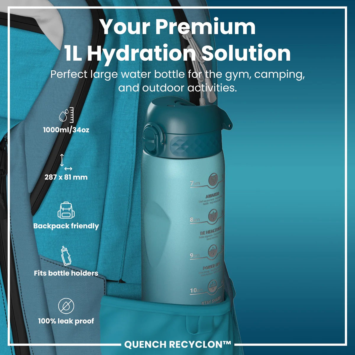 ION8 Quench 1L Waterbottle Sonic Teal Blue Motivator