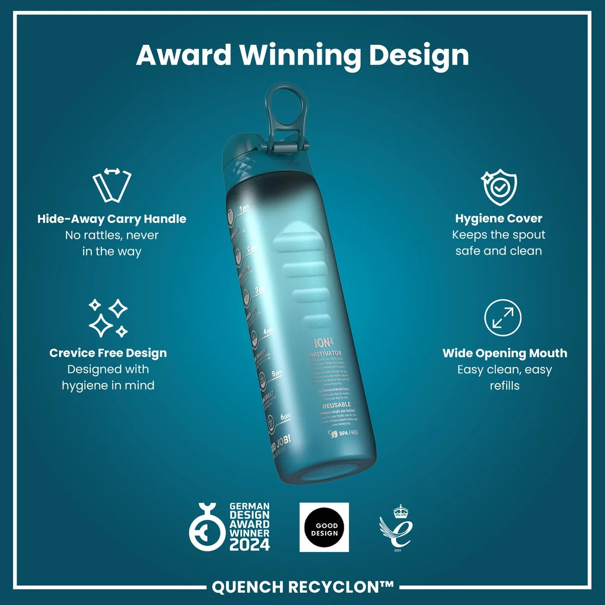 ION8 Quench 1L Waterbottle Sonic Teal Blue Motivator