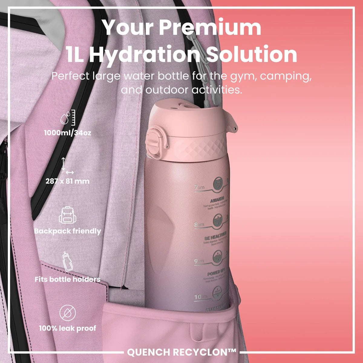 ION8 Quench 1L Waterbottle Sonic Purple Rose Motivator