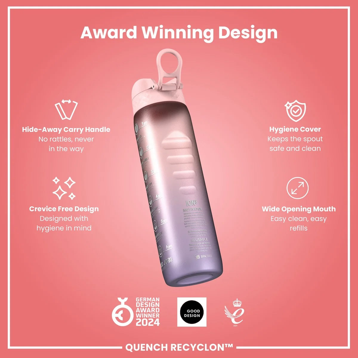 ION8 Quench 1L Waterbottle Sonic Purple Rose Motivator