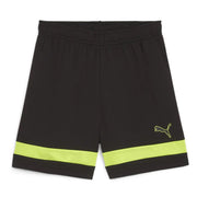 Black athletic shorts with a neon yellow-green reflective band at the hem and a yellow Puma logo on the lower left leg, shown against a plain white background.