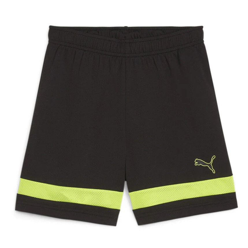 Black athletic shorts with a neon yellow-green reflective band at the hem and a yellow Puma logo on the lower left leg, shown against a plain white background.