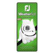 Packaging of WeatherSof golf glove with green background and white glove illustration