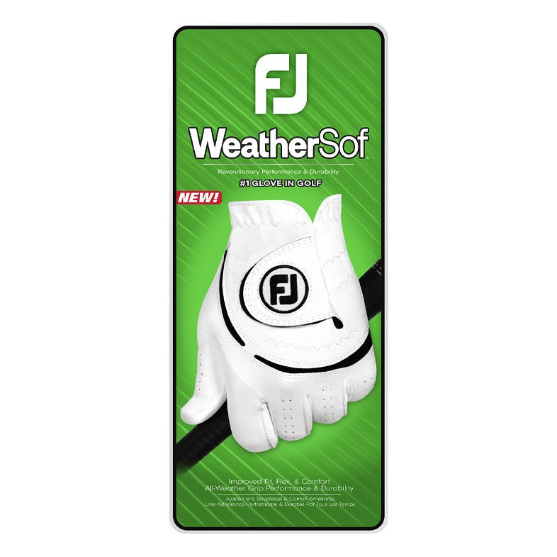 Packaging of WeatherSof golf glove with green background and white glove illustration