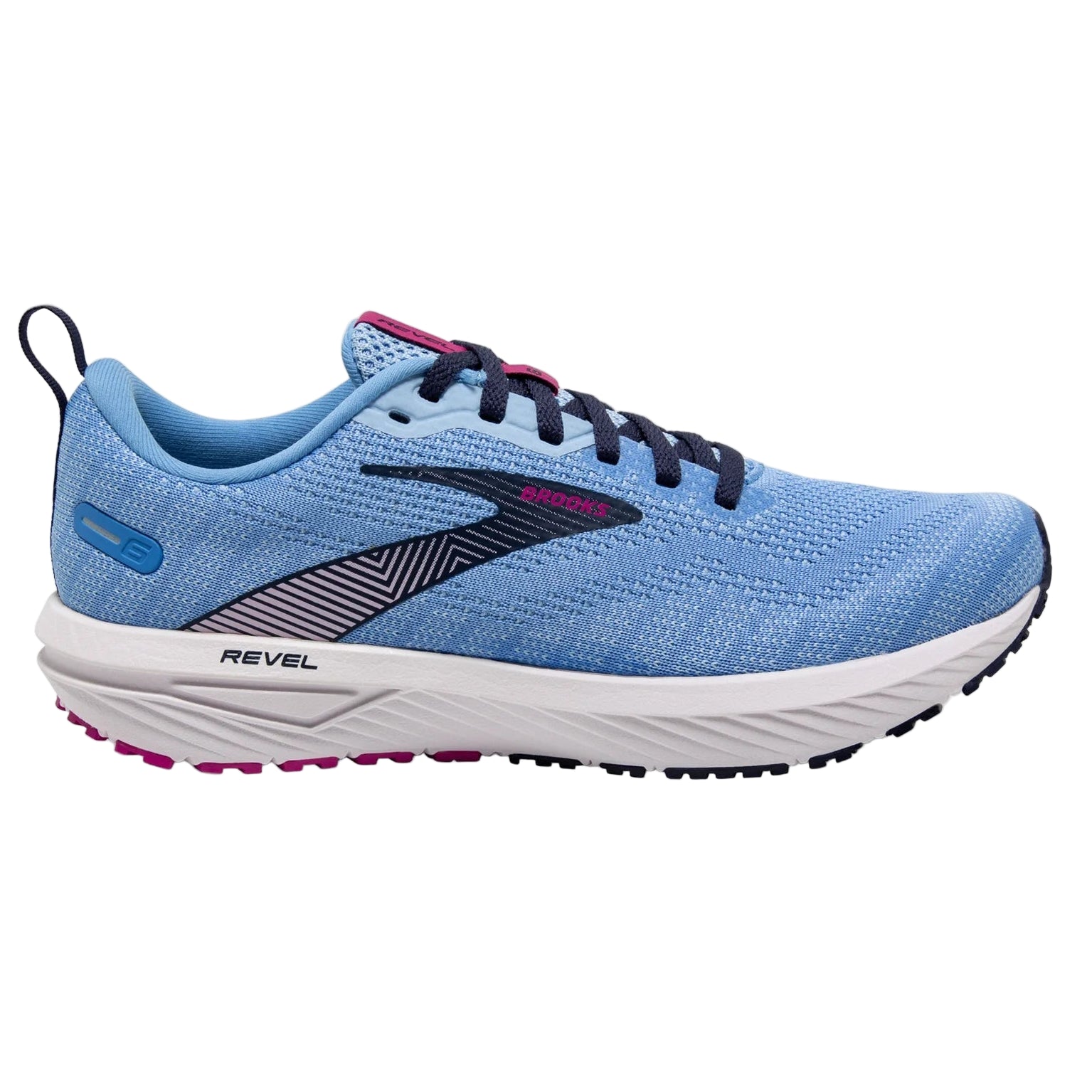 Blue running shoe with black and pink accents on a white background