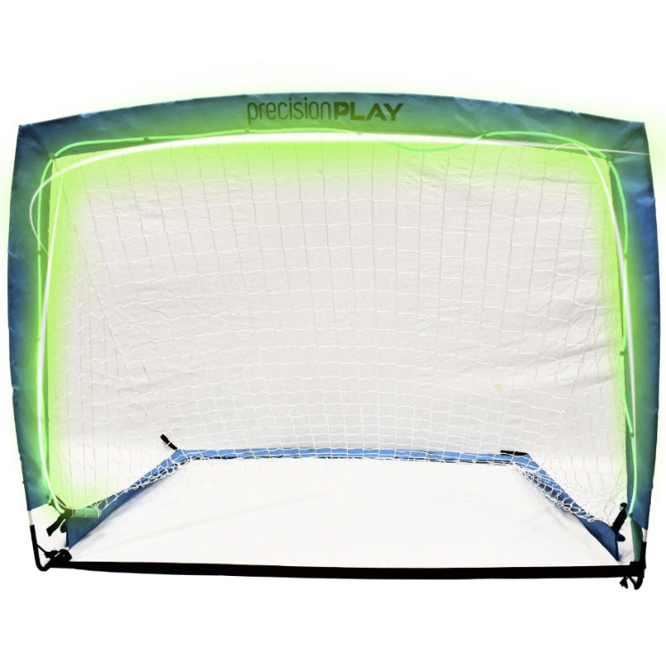 Portable soccer goal with green frame and white net, branded 'Precision Play'.