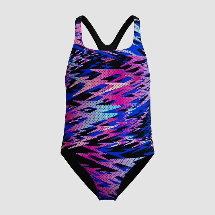 Speedo Girls Hyperboom Printed Medalist Swimsuit Black Multi