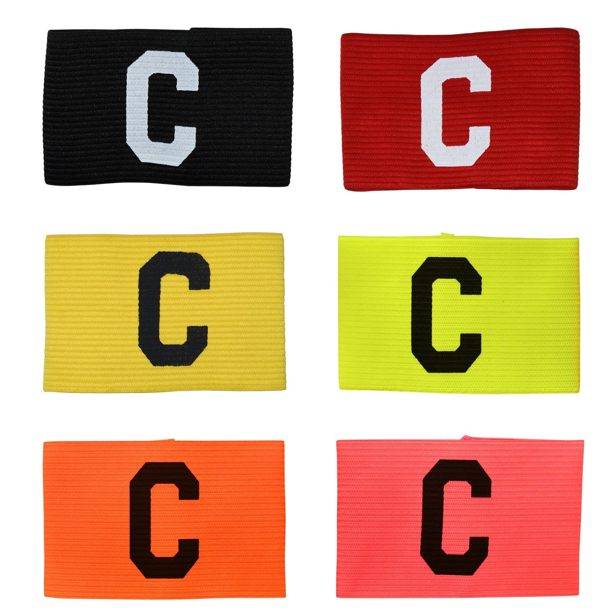 Set of six sports arm bands with letter 'C' in different colors on a white background