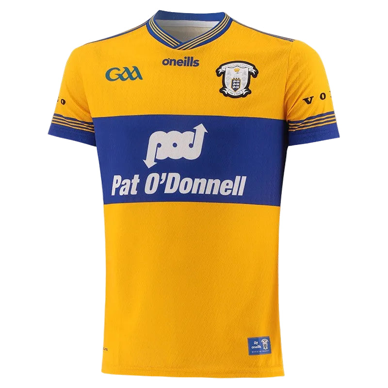 Yellow and blue sports jersey with branding on a white background