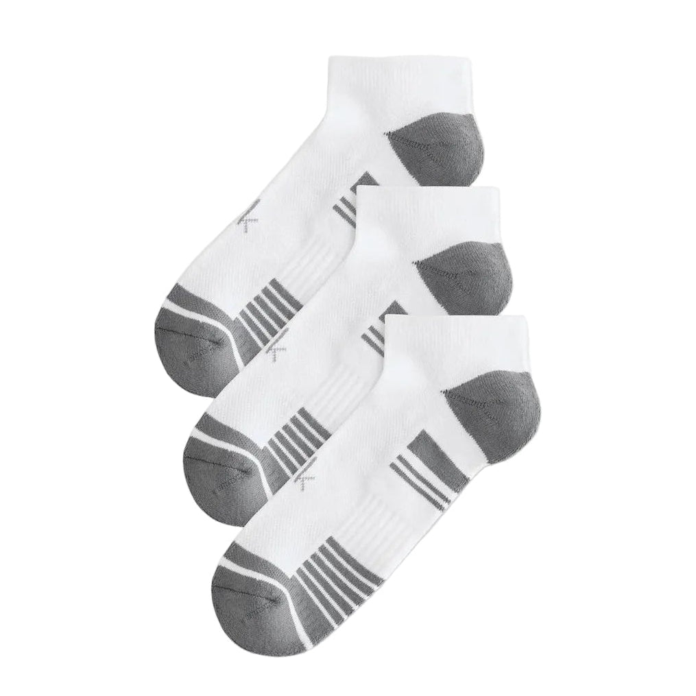 Two pairs of white socks with gray accents on a white background
